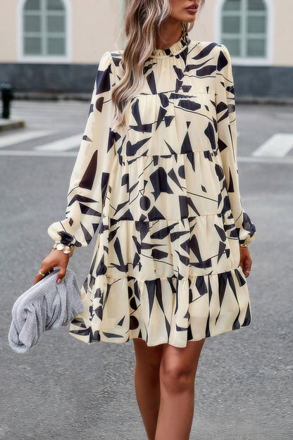 CCWHOLESALECLOTHING abstract print tiered dress ivory and black long sleeve ruffle tiers casual daywear