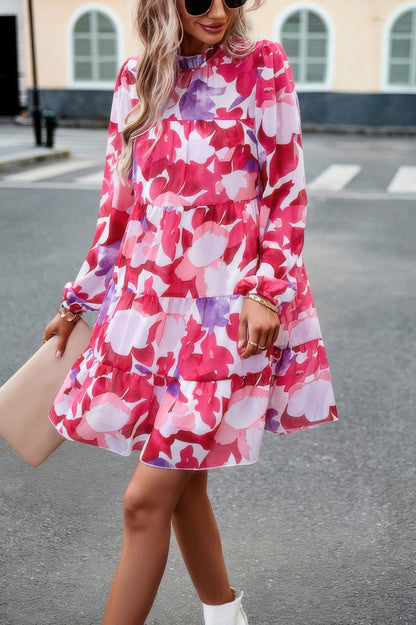 CCWHOLESALECLOTHING abstract print tiered dress in pink white and purple floral pattern with high neckline and long sleeves