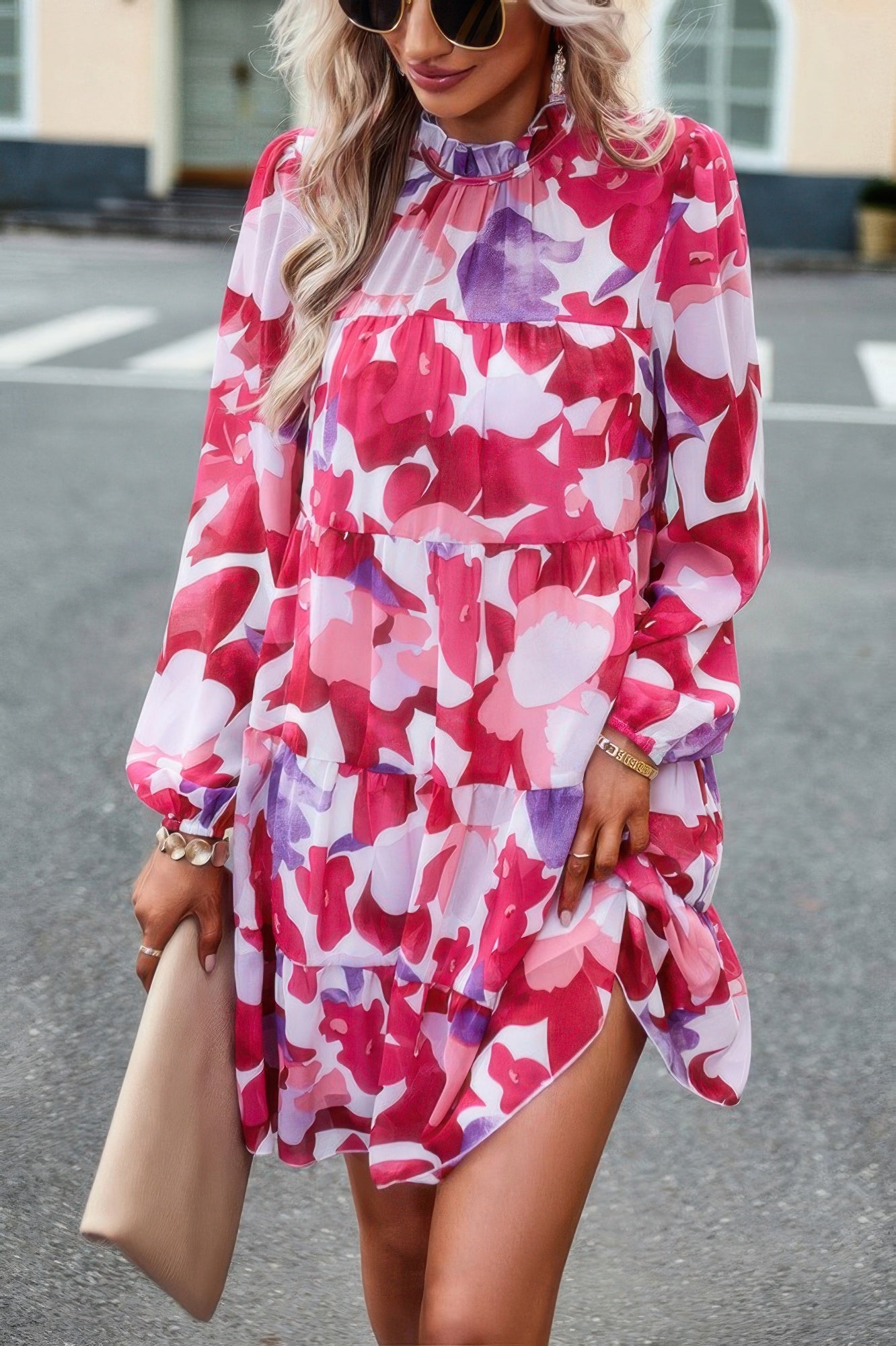 CCWHOLESALECLOTHING abstract print tiered dress long sleeve high neckline pink red floral mini