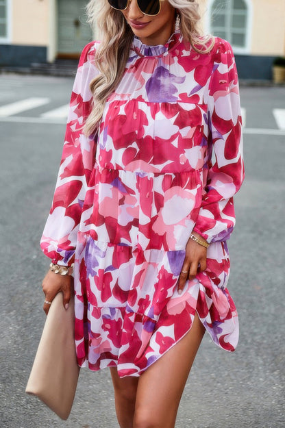CCWHOLESALECLOTHING abstract print tiered dress long sleeve high neckline pink red floral mini