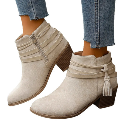 Trendsi beige suede ankle Block Heels Boots with wrap strap and tassel side zipper and stacked wooden heel