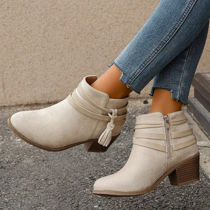 Trendsi beige suede ankle Block Heels Boots with tassel strap side zipper and stacked wooden heel