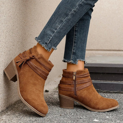 Trendsi tan suede ankle Block Heels Boots with side zipper tassel detail and stacked wooden heel
