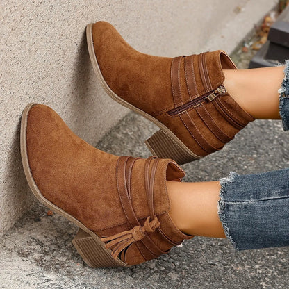 Trendsi brown suede ankle Block Heels Boots with side zipper tassel strap and stacked heel for casual wear