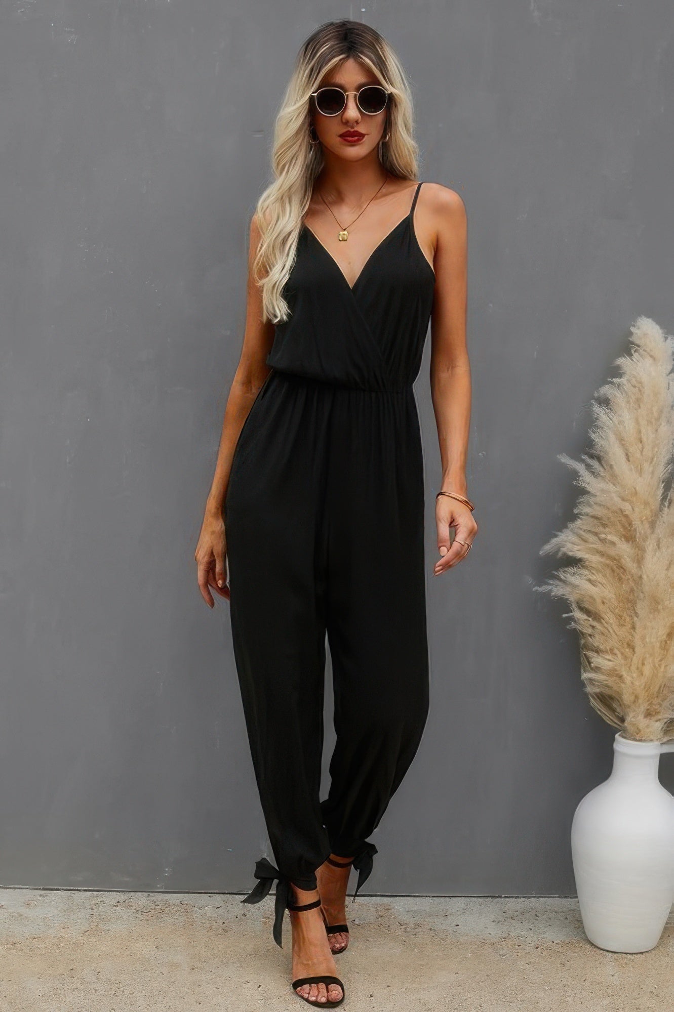 CCWHOLESALECLOTHING black v neck spaghetti strap jumpsuit with elastic waist tie ankle hem casual summer look