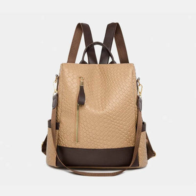 Trendsi Woven Backpack Handbag in beige with adjustable straps and gold zipper detail