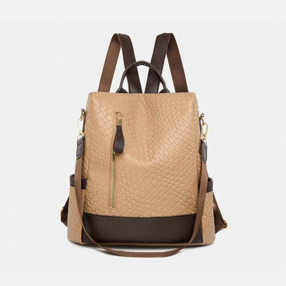 Trendsi Woven Backpack Handbag in beige with adjustable straps and gold zipper detail