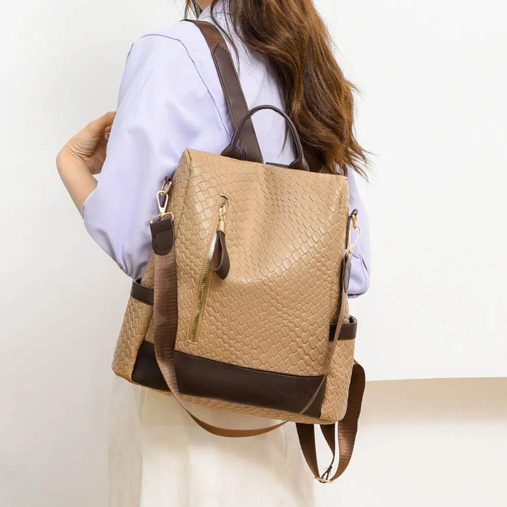 Trendsi Woven Backpack Handbag in tan with a stylish design and adjustable straps