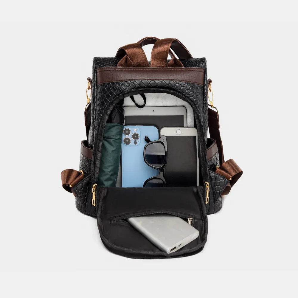 Woven Backpack Handbag featuring an organized interior with multiple compartments for convenience