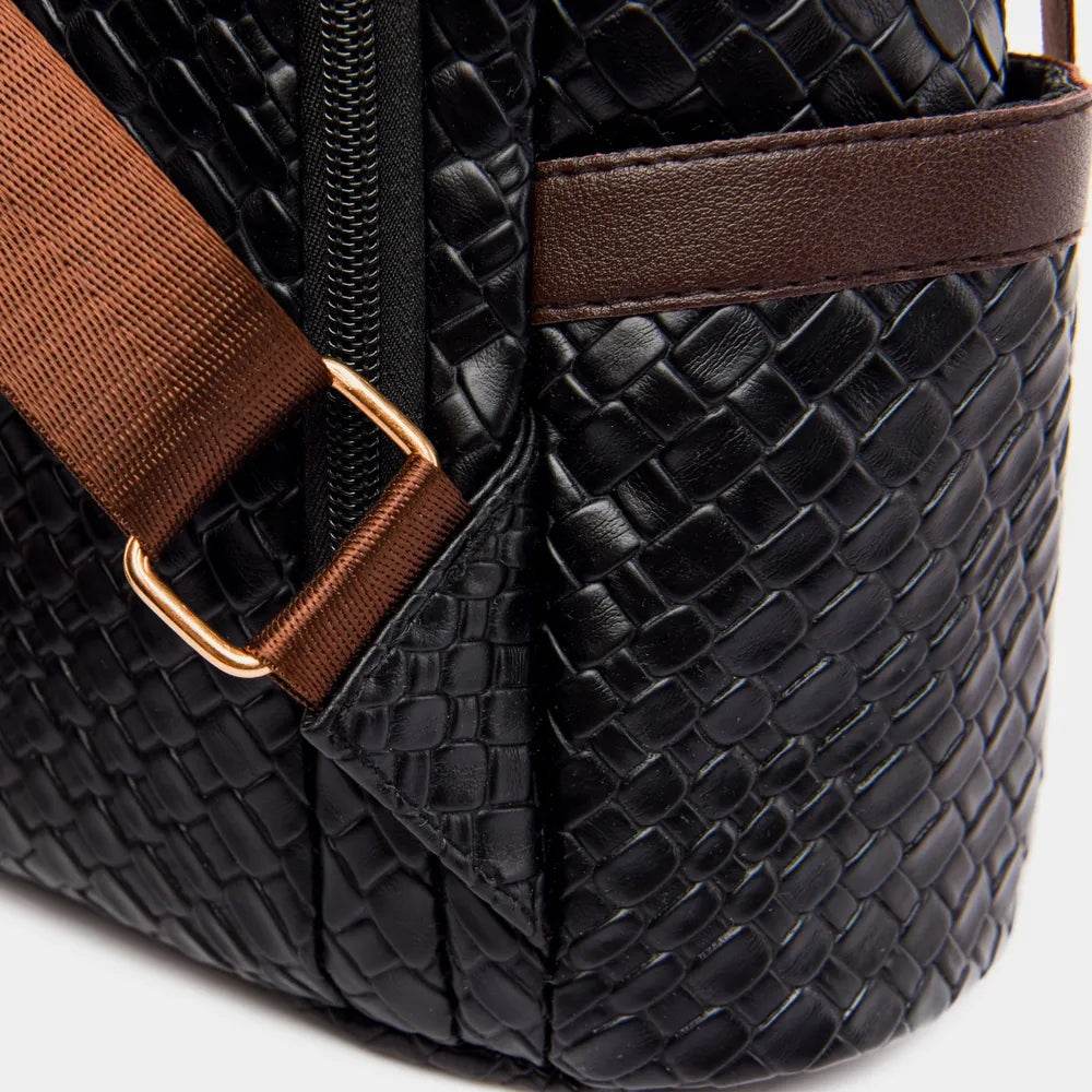 Trendsi Woven Backpack Handbag in black with stylish straps and textured design