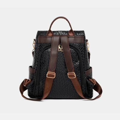 Stylish Woven Backpack Handbag in black with leather accents and adjustable straps