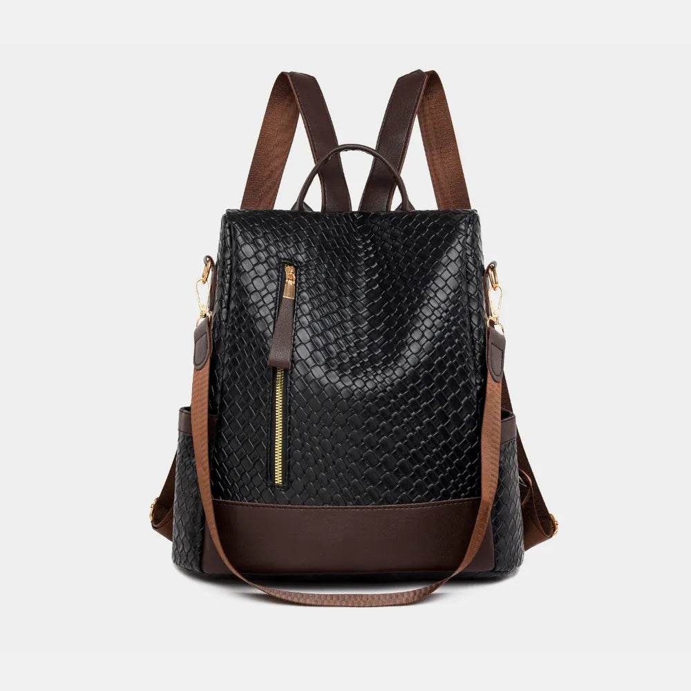 Trendsi Woven Backpack Handbag in Black with Gold Zipper and Adjustable Straps for Stylish Carrying