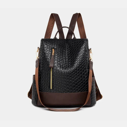 Trendsi Woven Backpack Handbag in Black with Gold Zipper and Adjustable Straps for Stylish Carrying