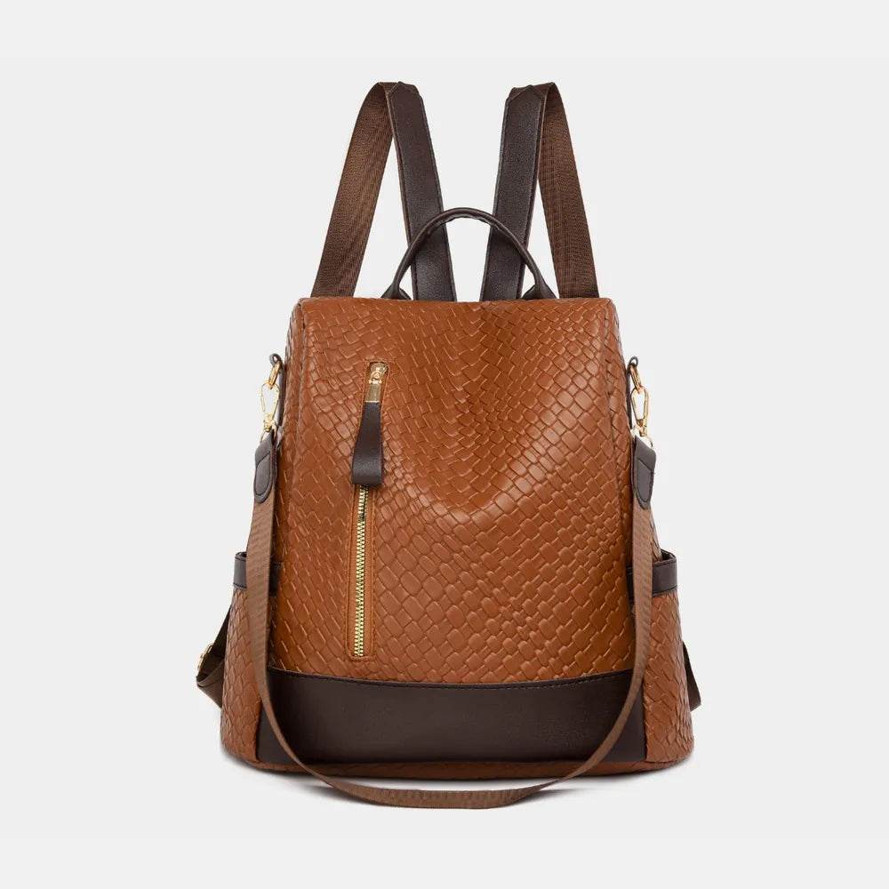 Trendsi Woven Backpack Handbag in Brown with Adjustable Straps and Exterior Pocket