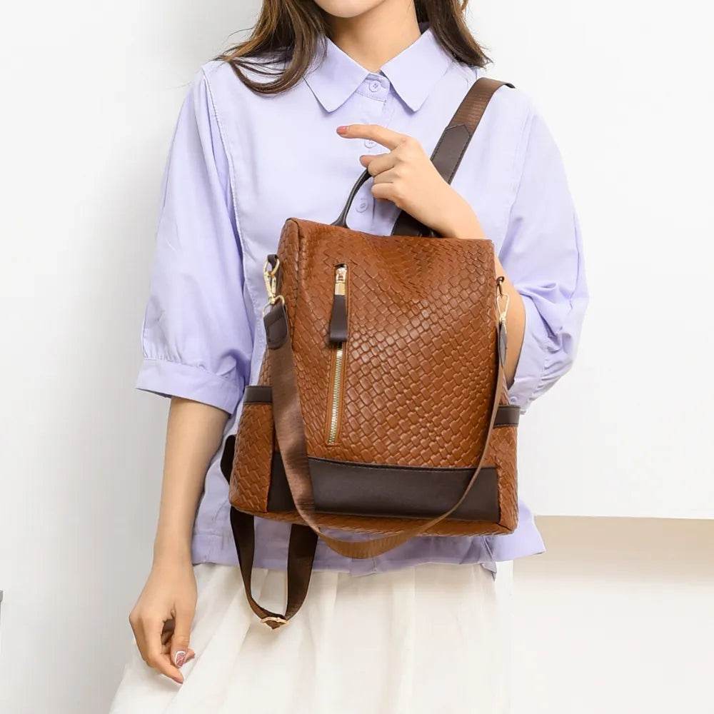 Trendy Woven Backpack Handbag in Brown with Stylish Design and Versatile Shoulder Straps