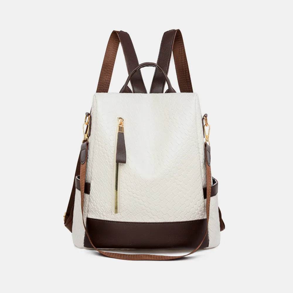 Stylish Woven Backpack Handbag in cream and brown with adjustable straps and zipper pocket