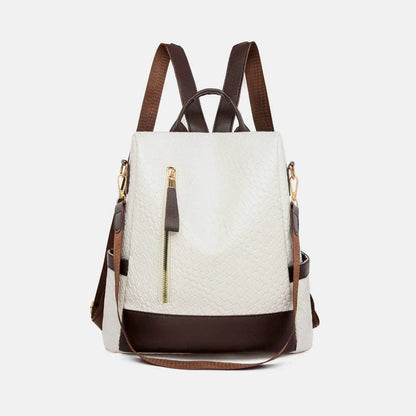 Stylish Woven Backpack Handbag in cream and brown with adjustable straps and zipper pocket