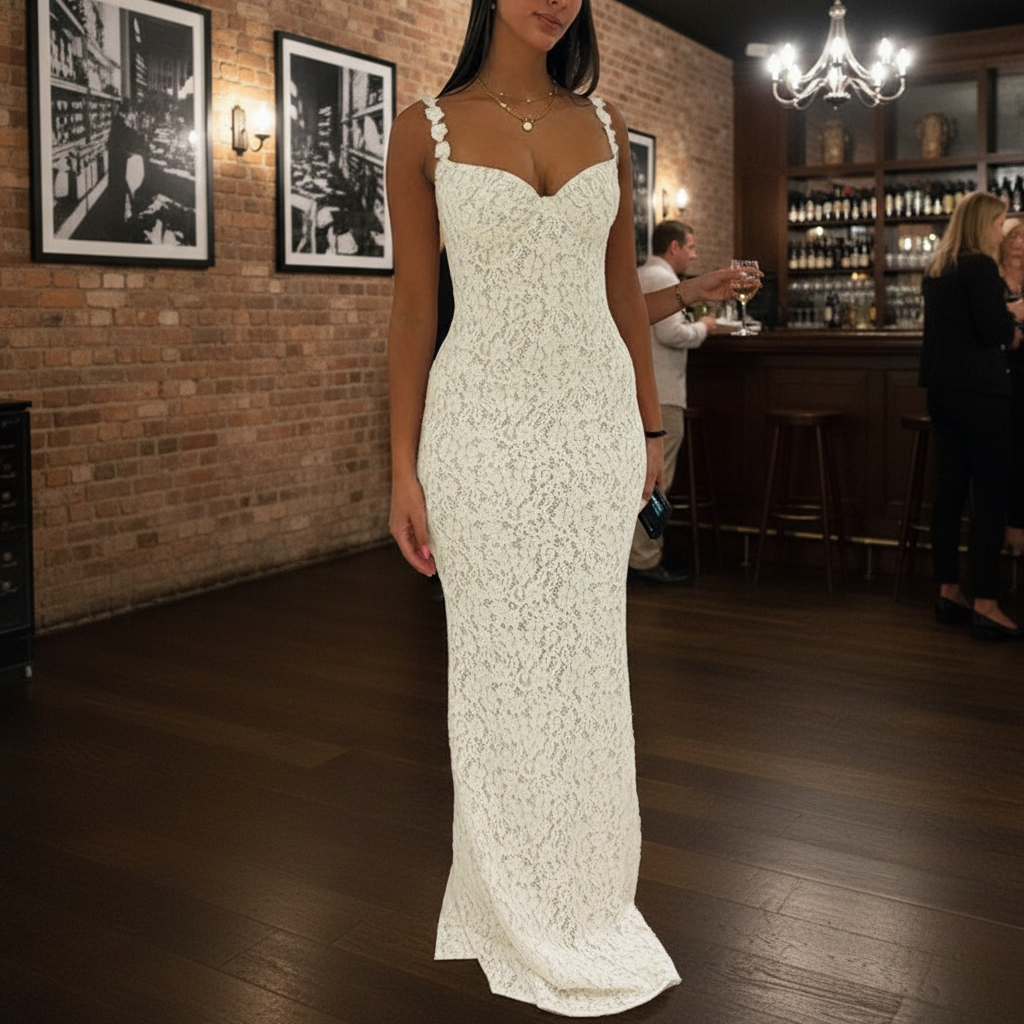 Yellow lace maxi dress wine bar