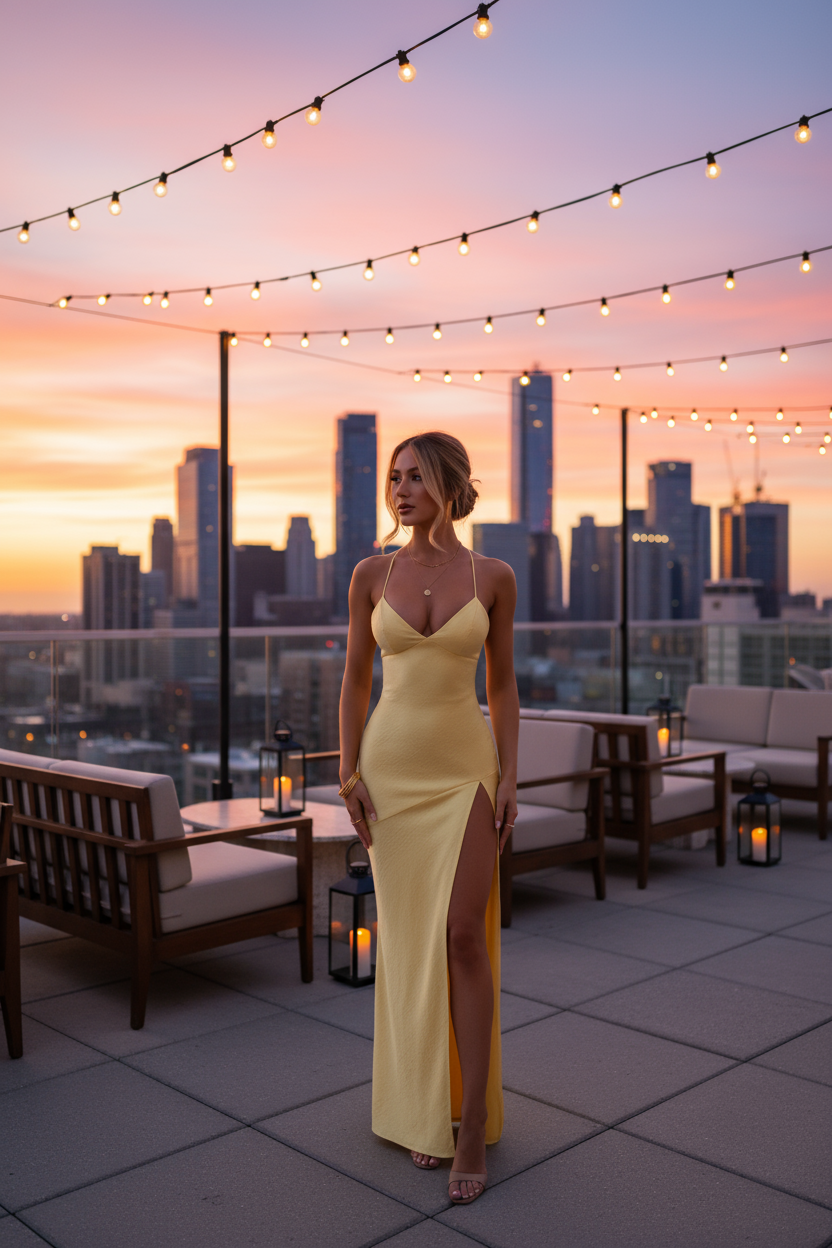 Yellow maxi dress at rooftop lounge