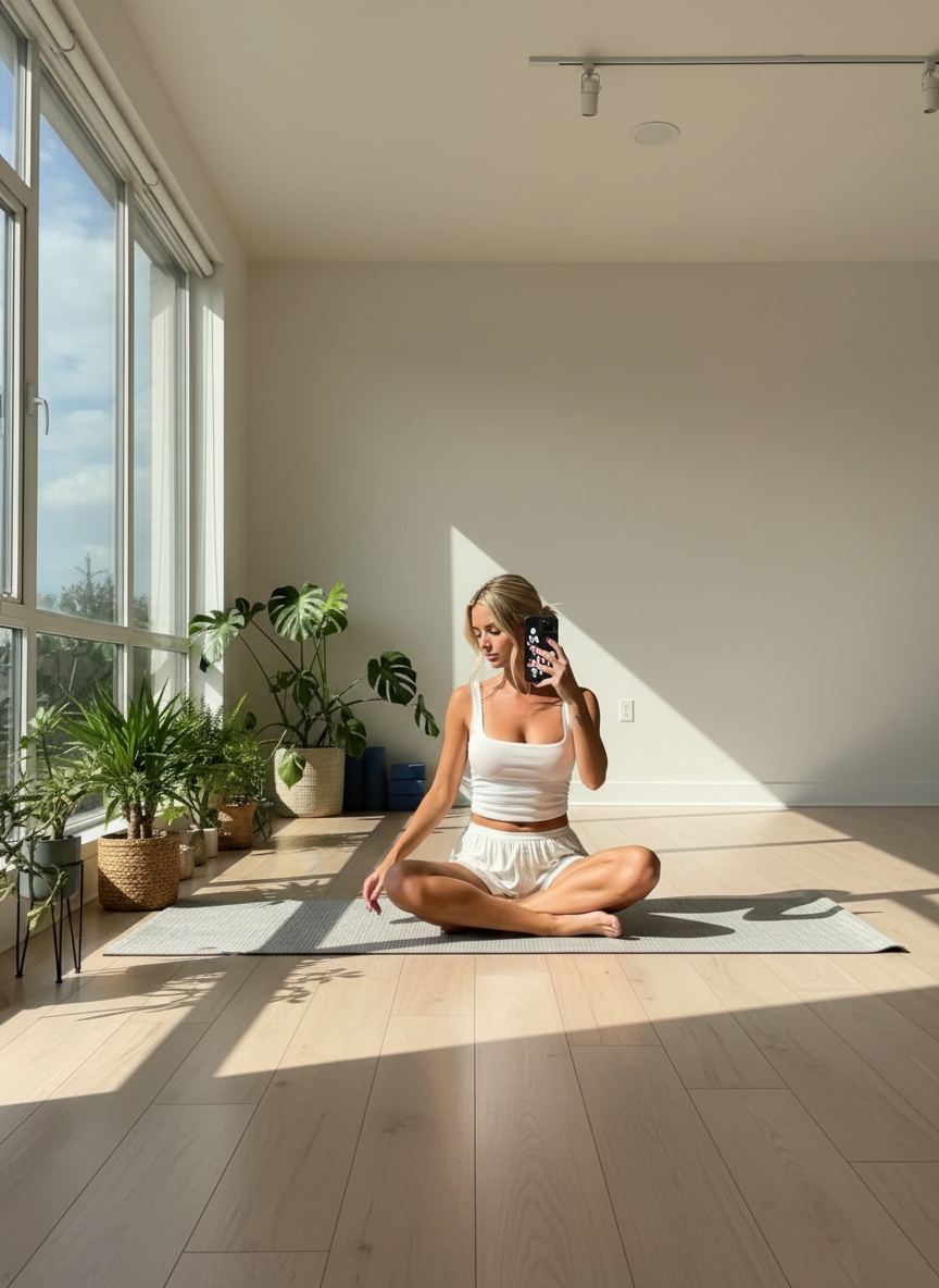 Yoga wellness scene with white ribbed tank and shorts set