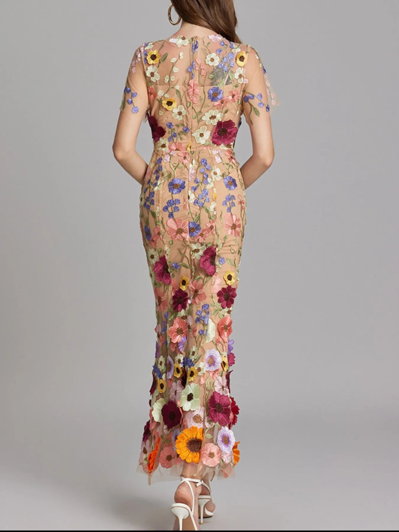 Trendsi floral embroidered sheer back Lined Evening Gown with fitted silhouette and multicolor appliques