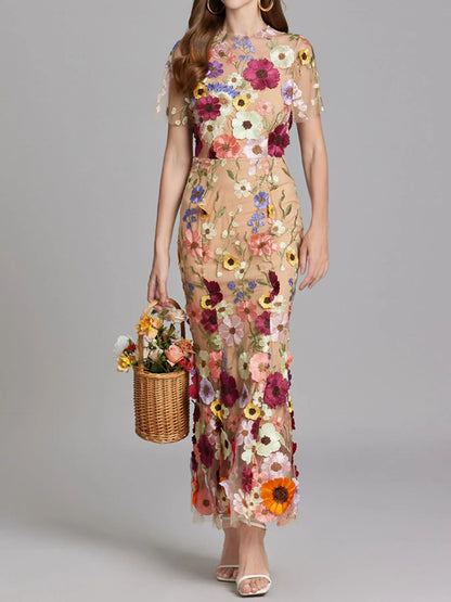 Trendsi Lined Evening Gown floral embroidered sheer short sleeve floor length nude lining paired with basket bag