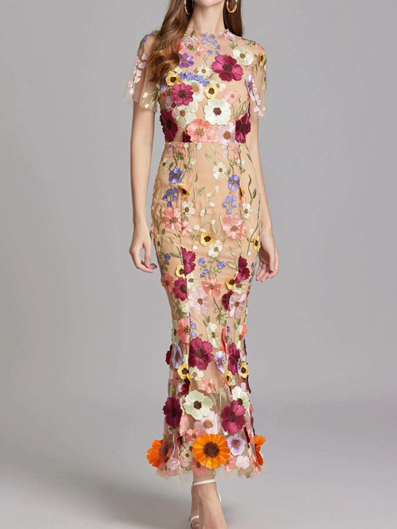 Trendsi Lined Evening Gown beige floral embroidered mesh mermaid silhouette with short flutter sleeves