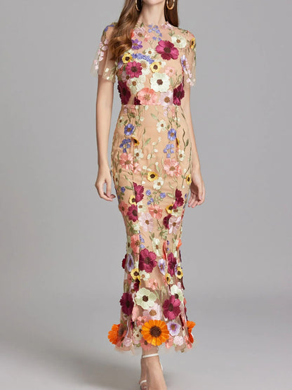 Trendsi Lined Evening Gown beige floral embroidered mesh mermaid silhouette with short flutter sleeves