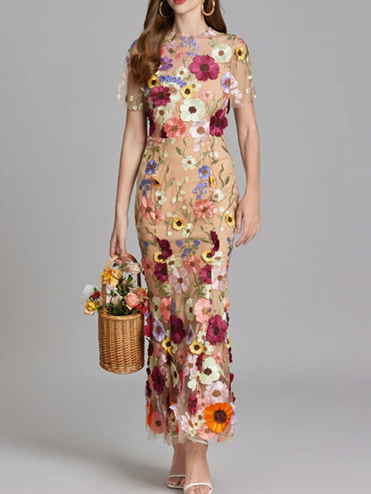 Trendsi Lined Evening Gown sheer nude fitted dress with colorful 3D floral appliques short sleeves floor length