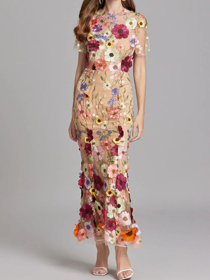 Trendsi Lined Evening Gown sheer nude floral applique maxi dress with short sleeves fitted silhouette