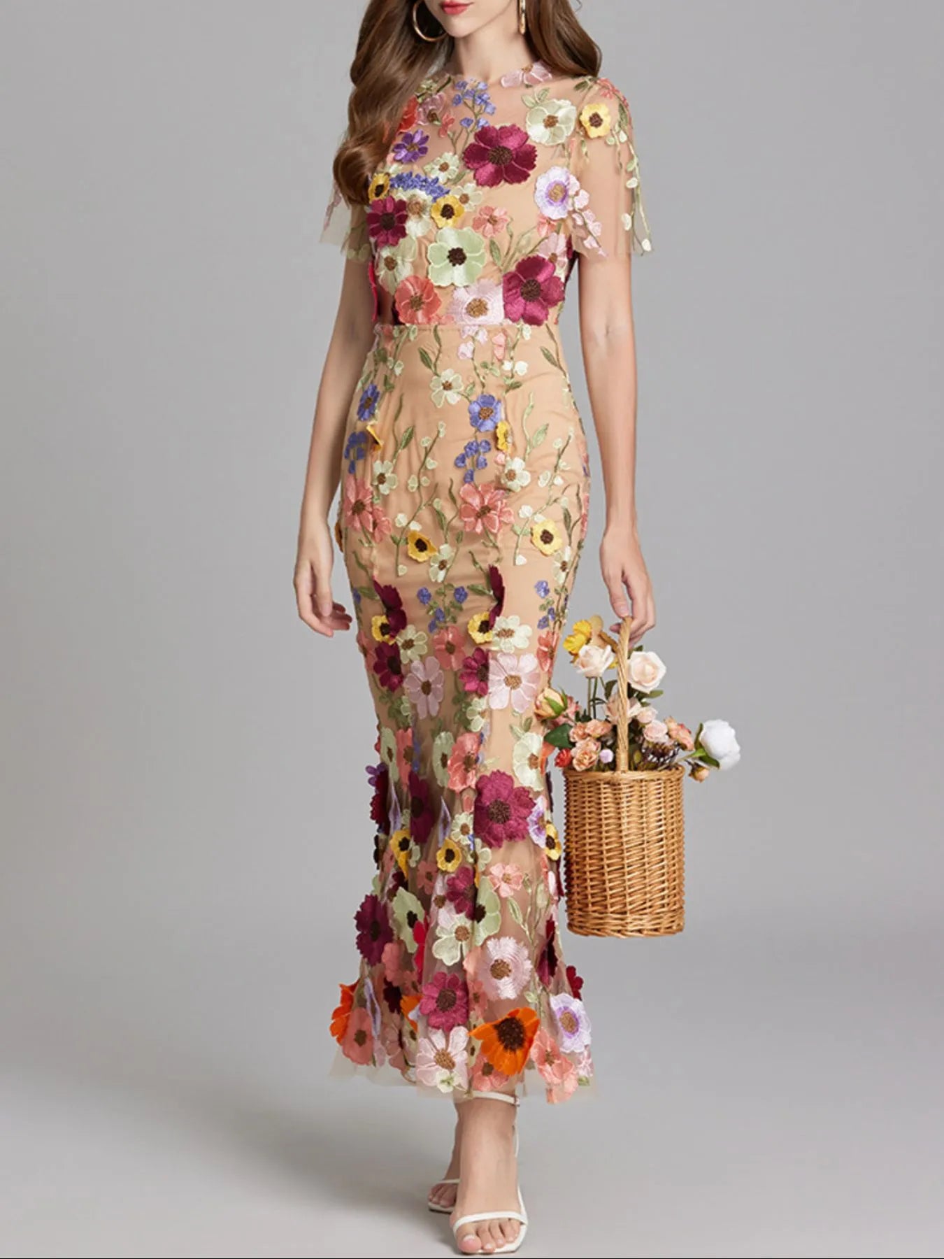 Trendsi floral embroidered sheath Lined Evening Gown with nude lining short sleeves and mermaid fit
