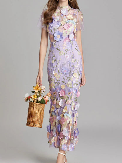 Trendsi lilac floral embroidered Lined Evening Gown with sheer short sleeves, fitted silhouette, model holding wicker flower basket