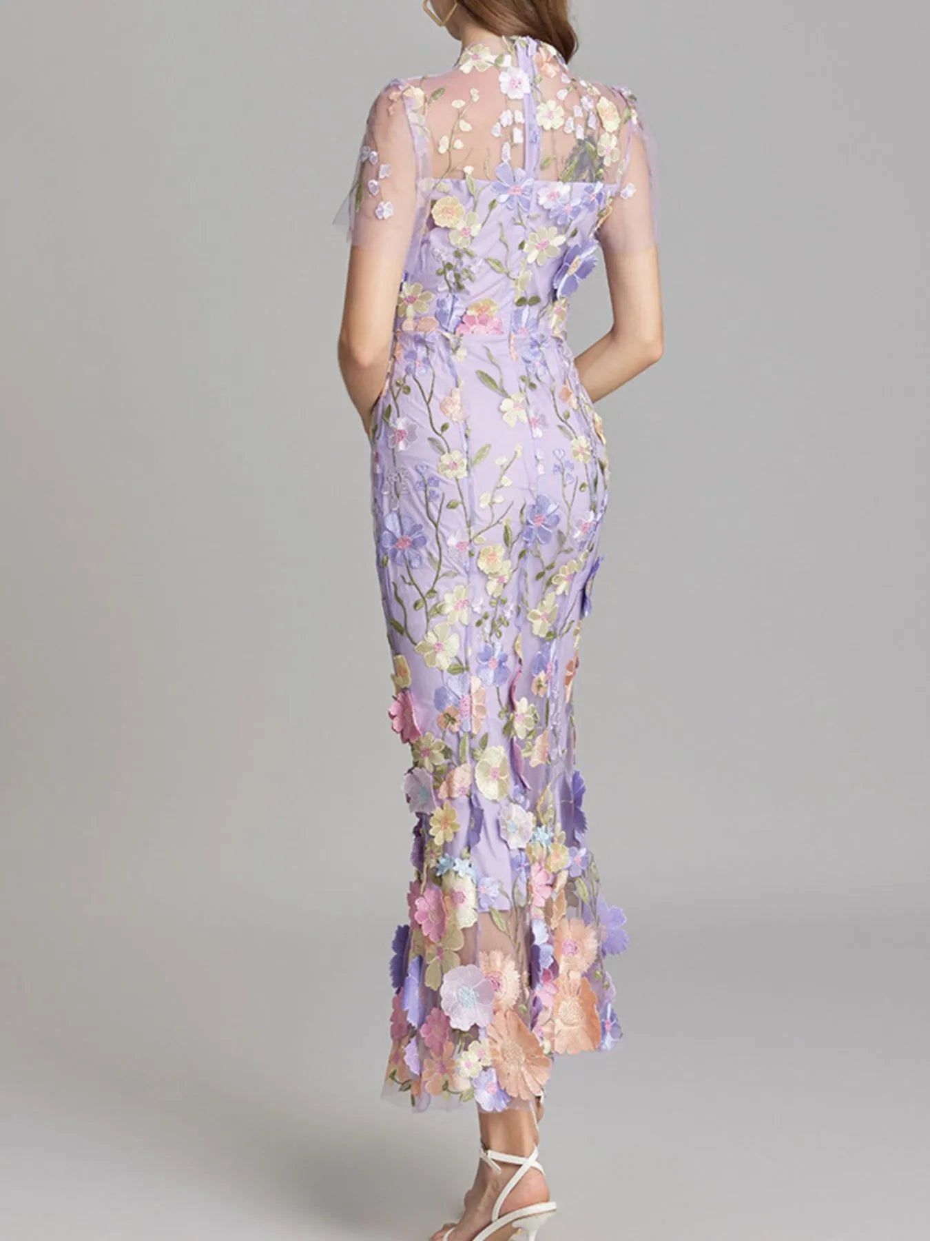 Trendsi lilac floral embroidered mesh Lined Evening Gown back view with short sleeves and fitted midi silhouette