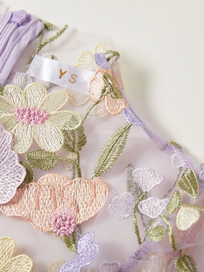 Trendsi Lined Evening Gown lavender sheer bodice with pastel floral embroidery close up of delicate stitching