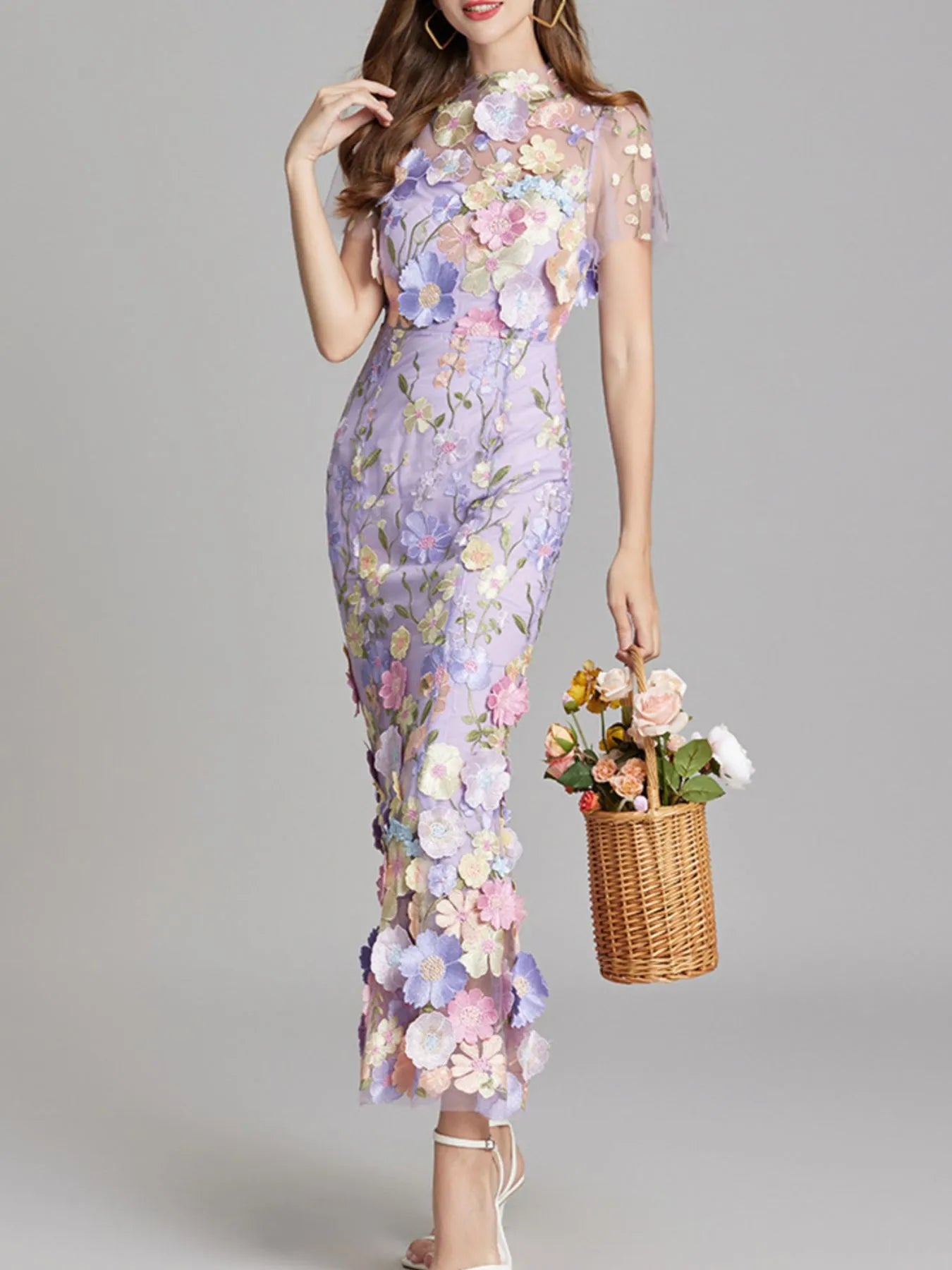 Trendsi Lined Evening Gown lavender floral embroidered midi dress with sheer sleeves and 3D appliques