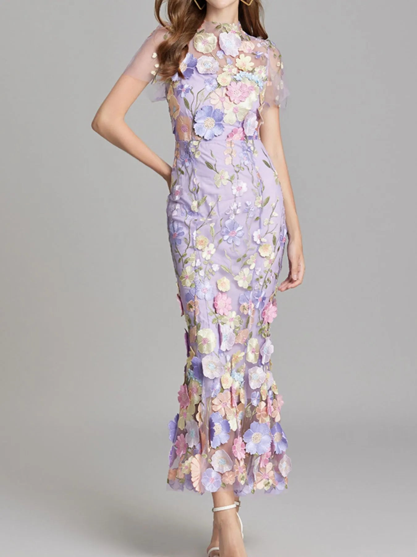 Trendsi Lined Evening Gown lavender floral applique with sheer short sleeves and mermaid hem