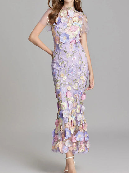 Trendsi Lined Evening Gown lavender floral applique with sheer short sleeves and mermaid hem