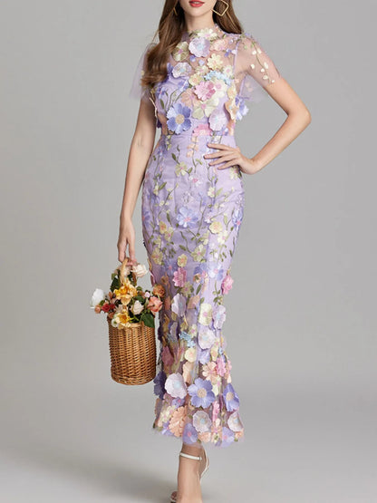 Trendsi lavender floral lace mermaid dress with sheer cap sleeves and wicker basket accessory Lined Evening Gown