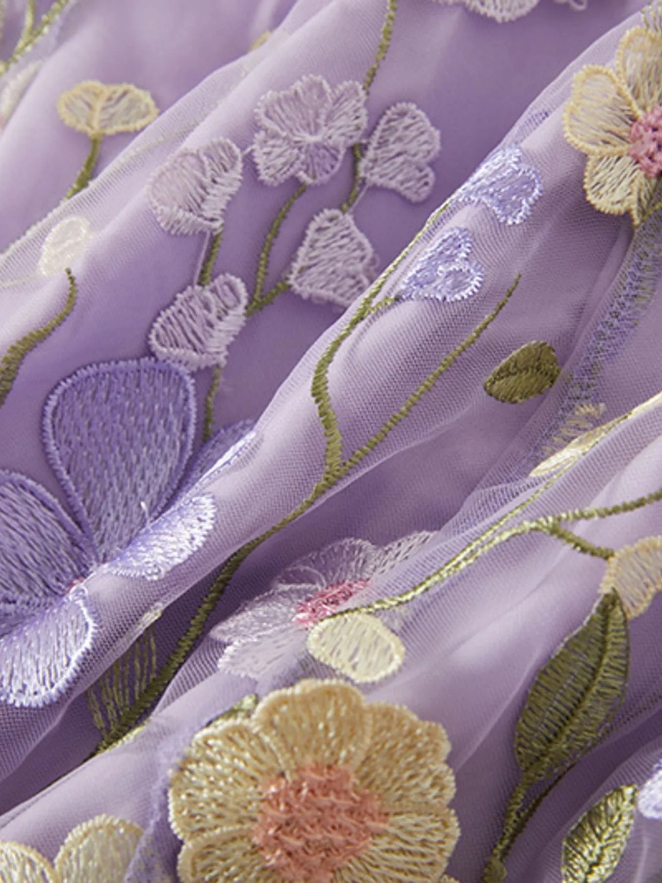 Trendsi Lined Evening Gown lavender floral embroidered tulle overlay with pastel appliques and soft lining