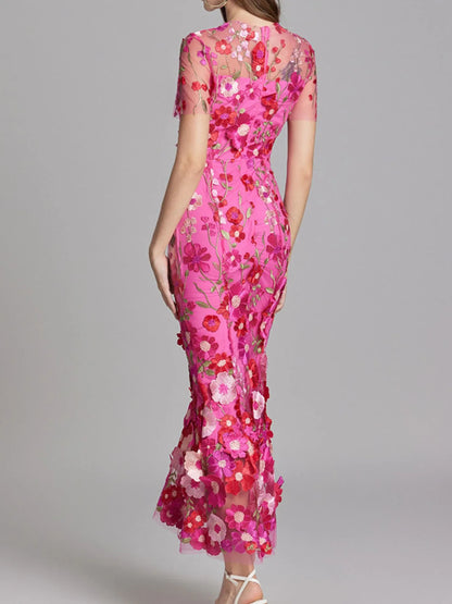Lined Evening Gown Trendsi pink floral embroidered sheer short sleeve mermaid silhouette back view