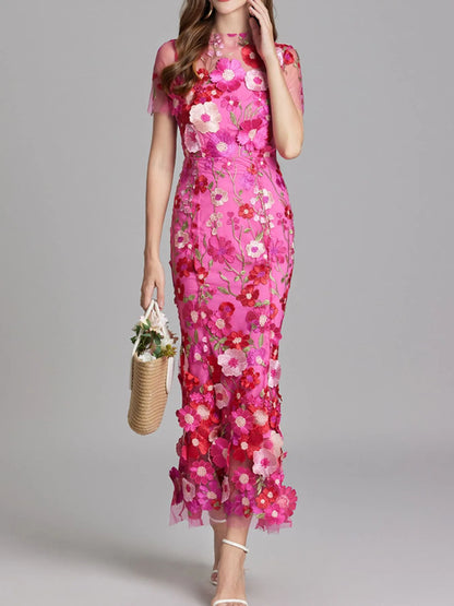 Trendsi pink floral embroidered Lined Evening Gown with cap sleeves fitted silhouette and 3D flower hem