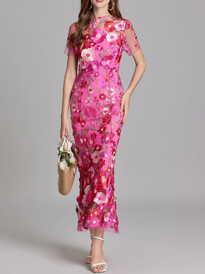 Trendsi Lined Evening Gown pink floral embroidered fitted mermaid dress with sheer sleeves