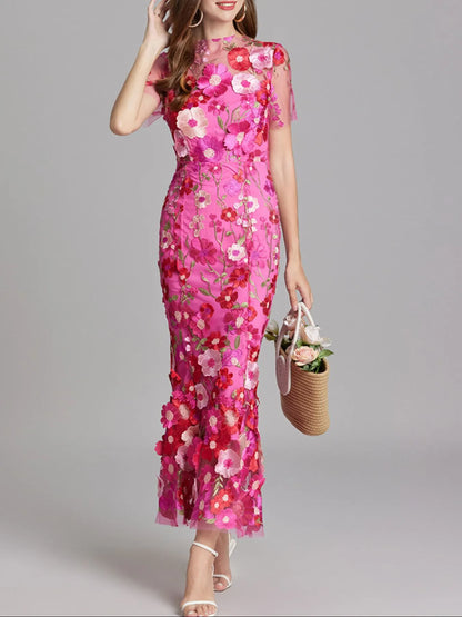 Trendsi Lined Evening Gown pink floral embroidered mermaid dress with short sleeves and fitted waist