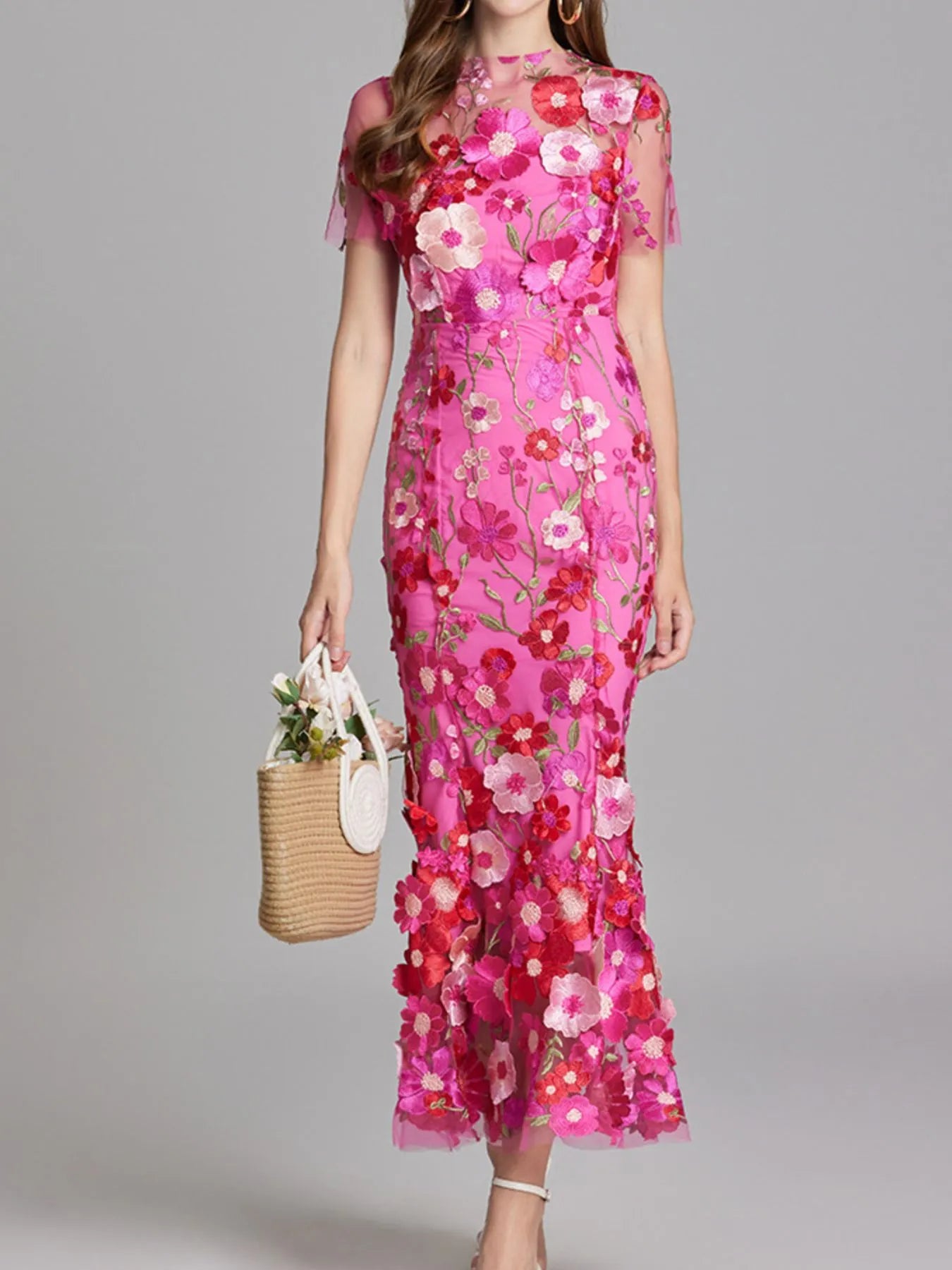 Trendsi Lined Evening Gown pink floral embroidered sheer short sleeve fitted midi dress