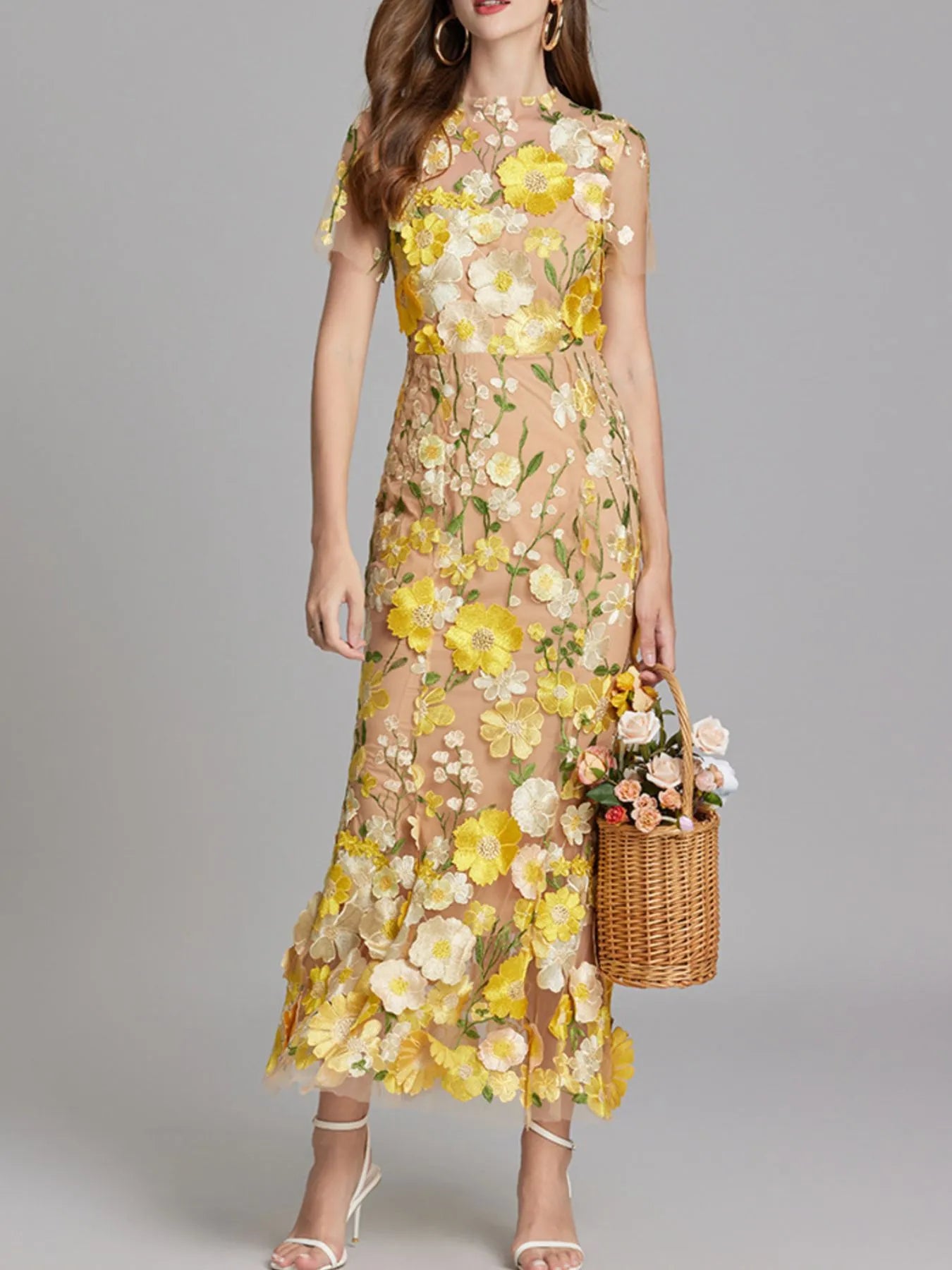 Trendsi Lined Evening Gown floral embroidered nude mesh dress with yellow blossoms, cap sleeves, fitted waist, midi hem