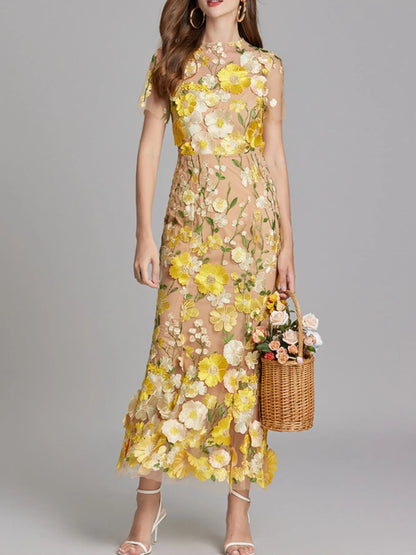 Trendsi Lined Evening Gown floral embroidered nude mesh dress with yellow blossoms, cap sleeves, fitted waist, midi hem
