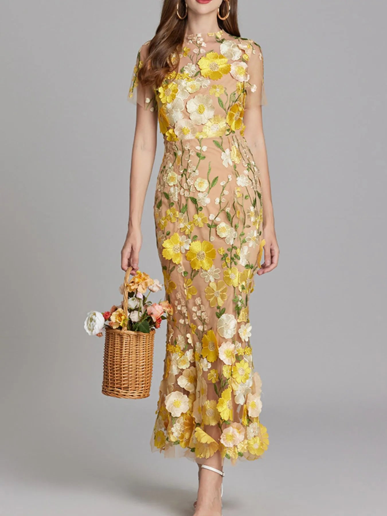 Trendsi Lined Evening Gown sheer nude dress with yellow white floral embroidery and cap sleeves