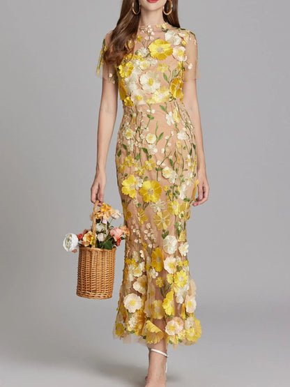 Trendsi Lined Evening Gown sheer nude dress with yellow white floral embroidery and cap sleeves
